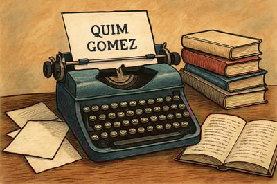 Il·lustració d’una màquina d’escriure amb papers i llibres, representant l’activitat literària de Quim Gómez.